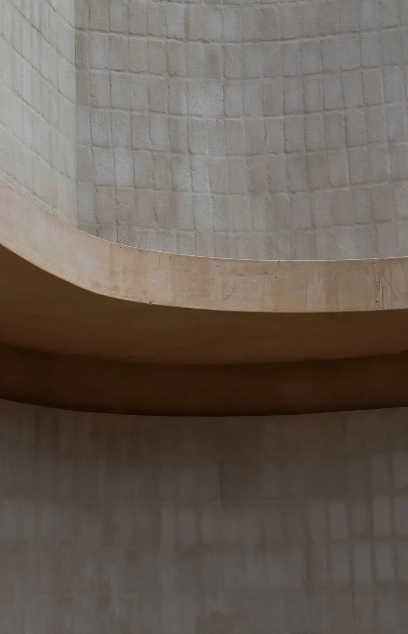 A curved cast-concrete soffit meeting a board-marked wall, warm daylight raking across the finished surface